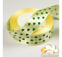 Satin ribbon 25 mm, one-sided, color - Beige with a heart