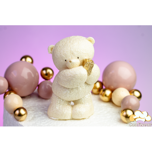 Шоколадна статуетка "Білий ведмедик з  золотим подарунком"