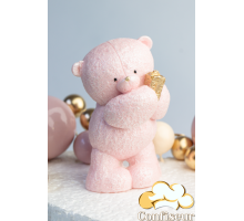 Шоколадна статуетка "Рожевий ведмедик з  золотим подарунком"