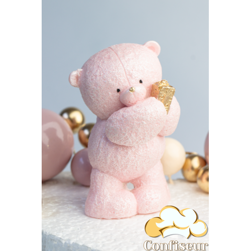 Шоколадна статуетка "Рожевий ведмедик з  золотим подарунком"
